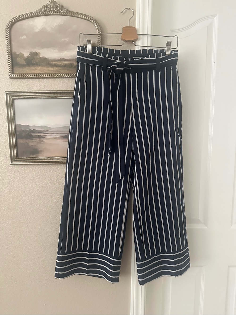 Banana Republic Navy and White Striped Wide-Leg Tie-Waist Pants